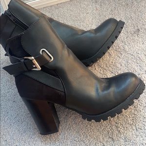 heeled black leather & suede boots